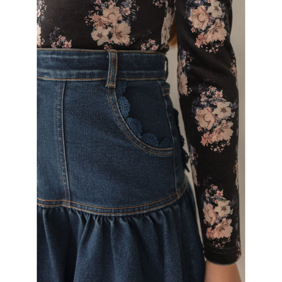 Petite Pink Long Denim Skirt With Lace Pocket