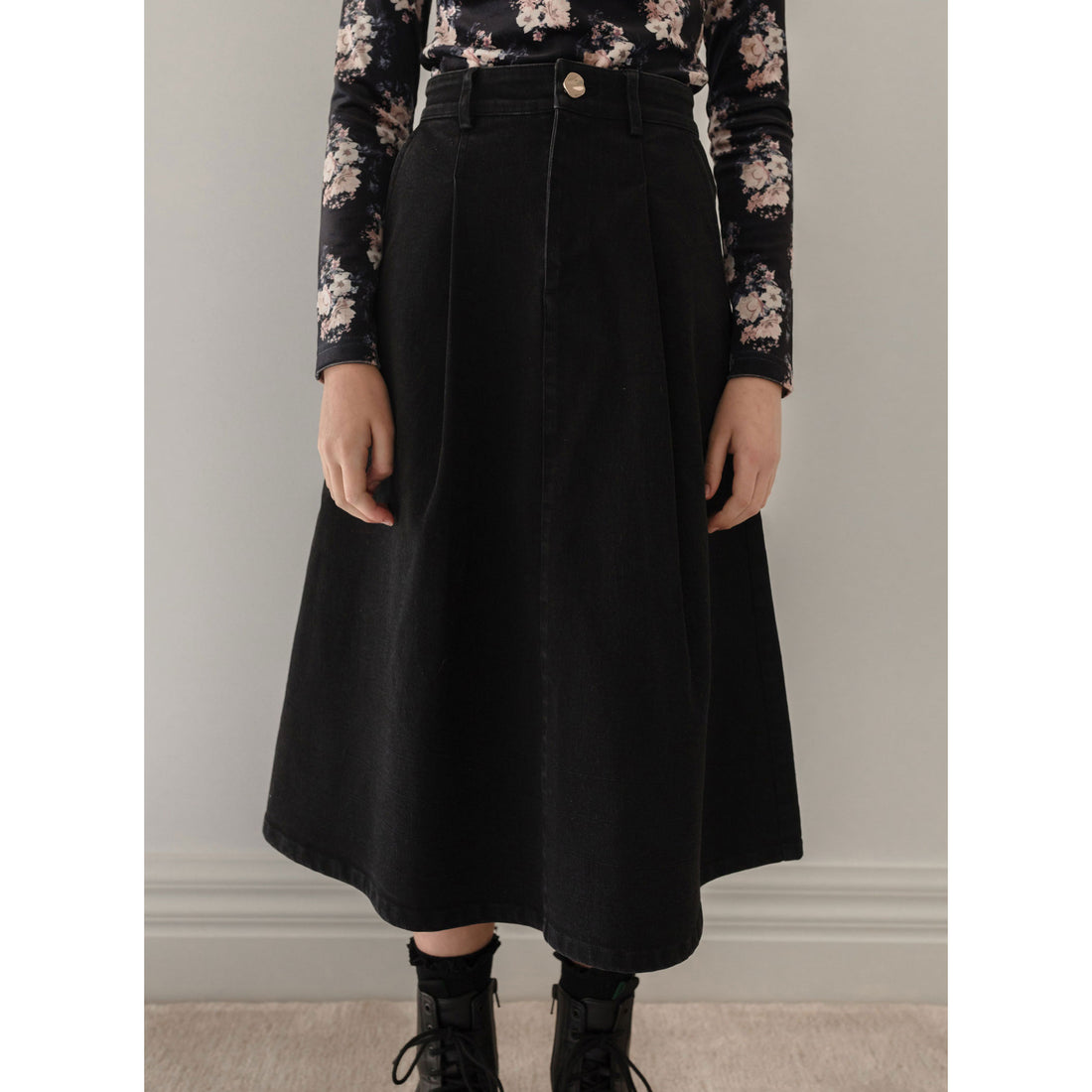 Petite Pink Black Denim Pleat Front Skirt