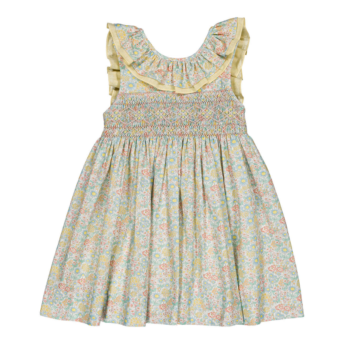 Kidiwi Coral Yellow Floral Melina Smocked Dress