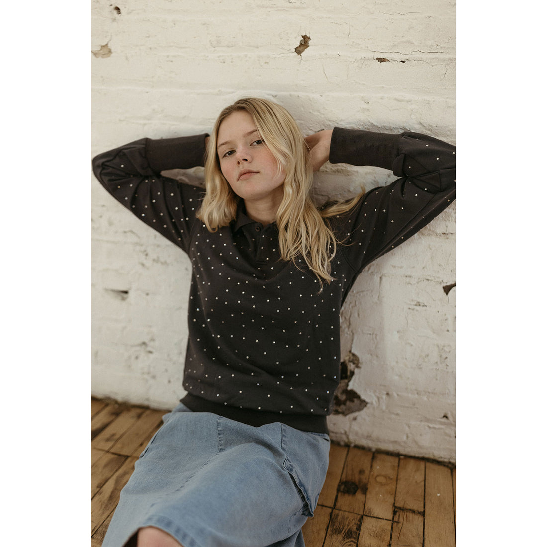 Elements Grey Wash Rhinestones Polo Sweatshirt
