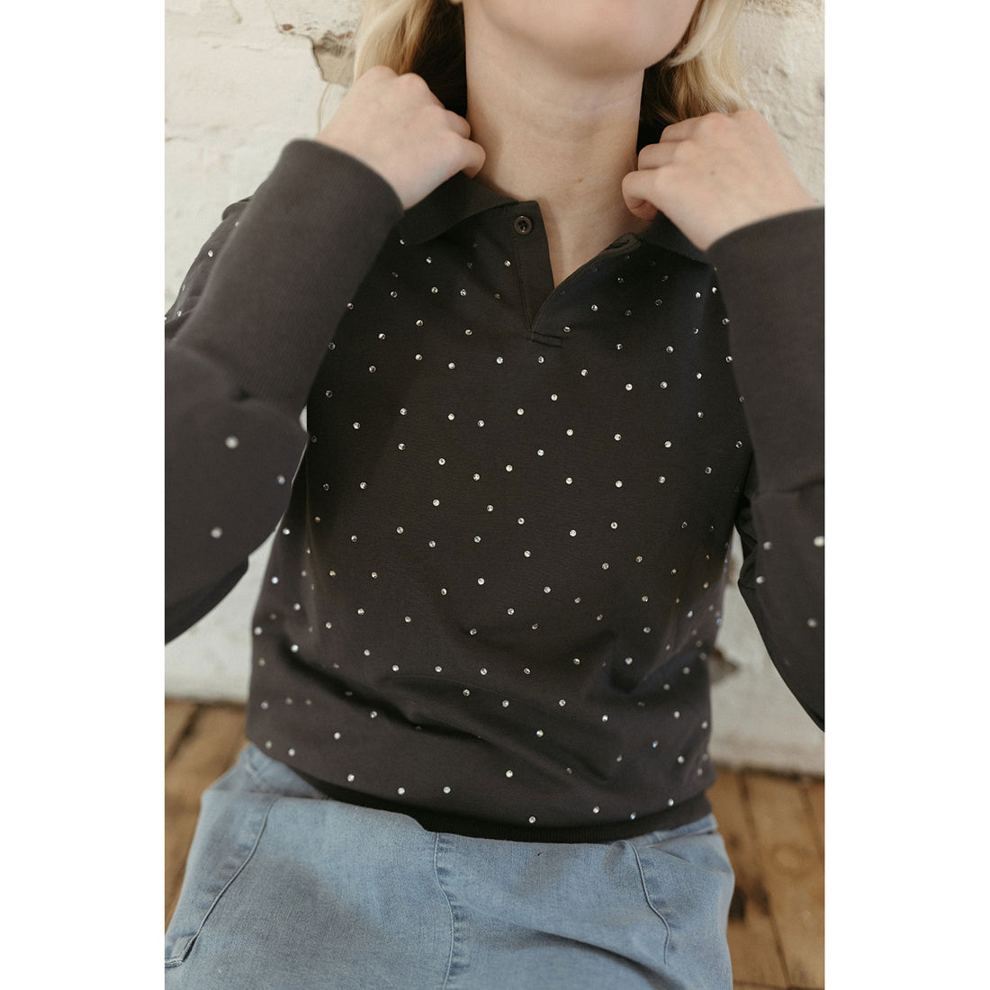 Elements Grey Wash Rhinestones Polo Sweatshirt