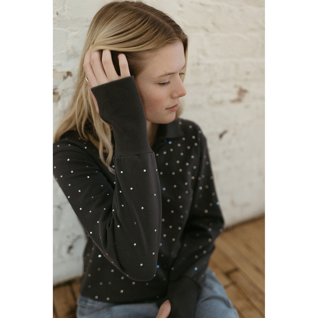 Elements Grey Wash Rhinestones Polo Sweatshirt