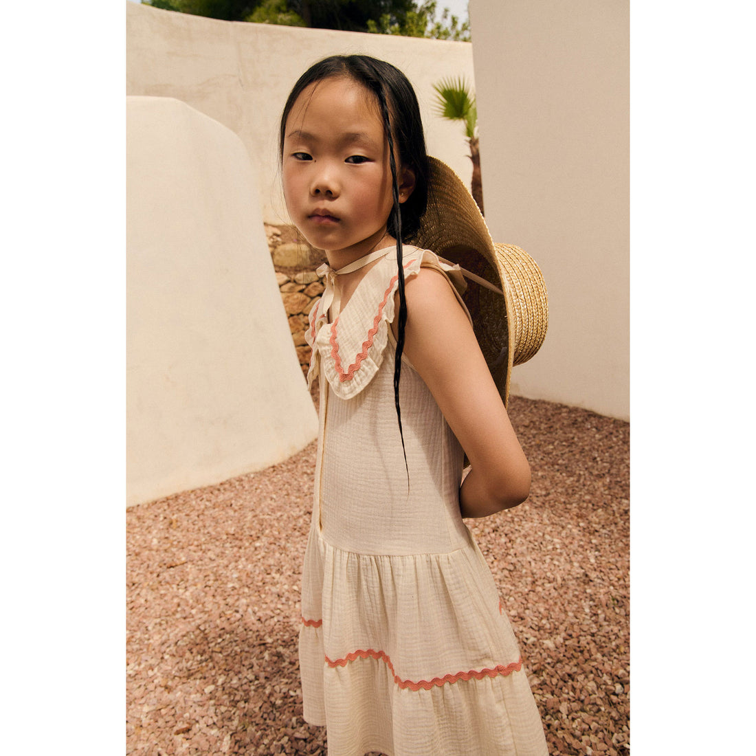 Mipounet Ecru/Salmon Trim Althea Muslin Dress