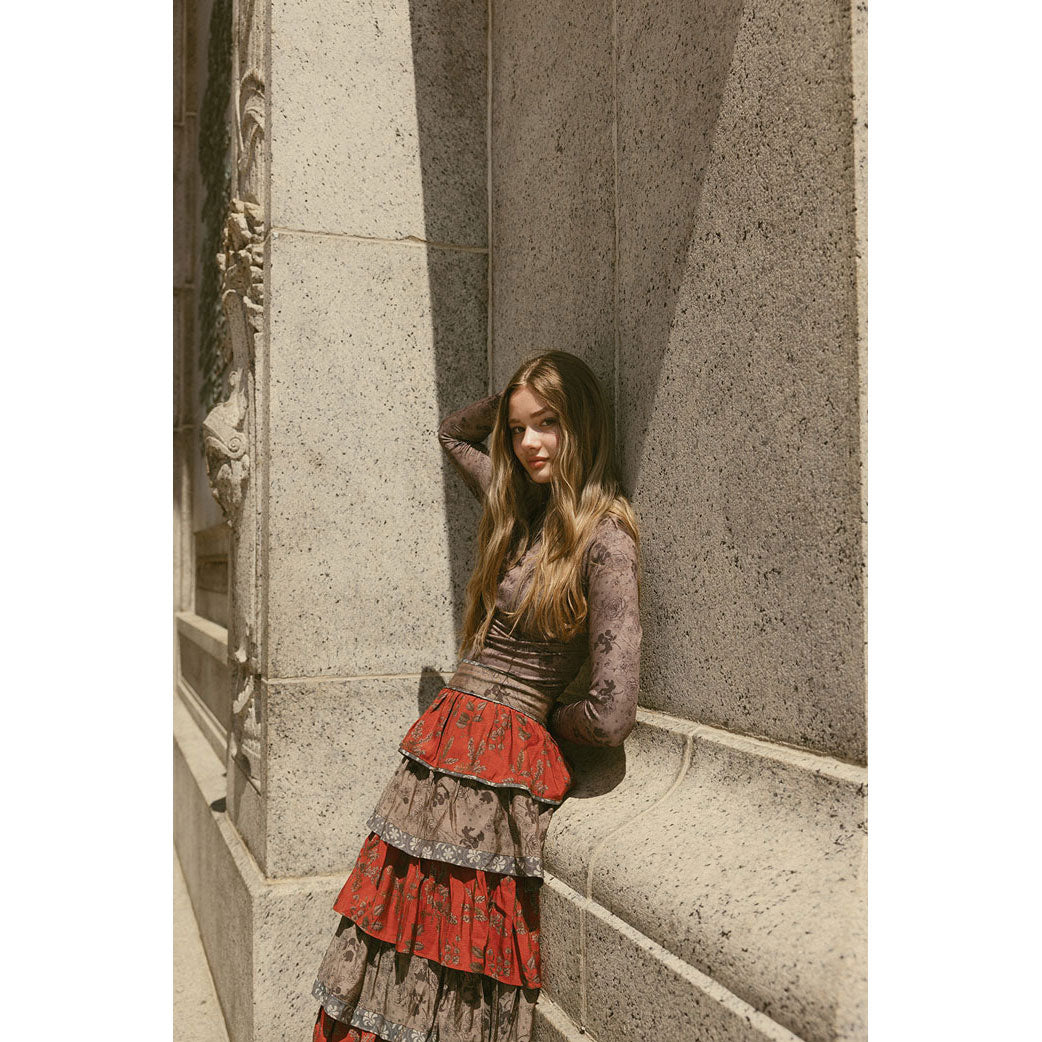 Ava and Lu Taupe Rose Printed  Knit Turtleneck