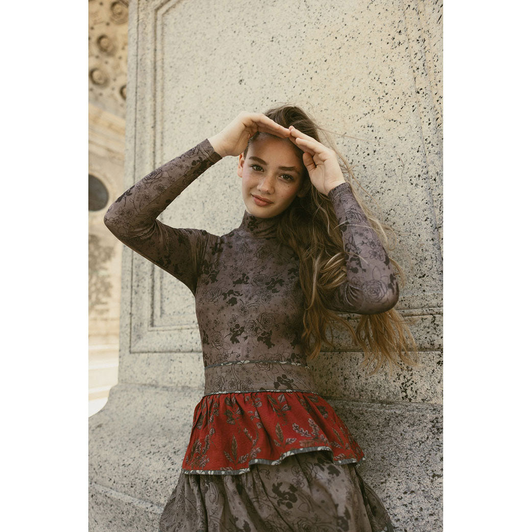 Ava and Lu Taupe Rose Printed  Knit Turtleneck