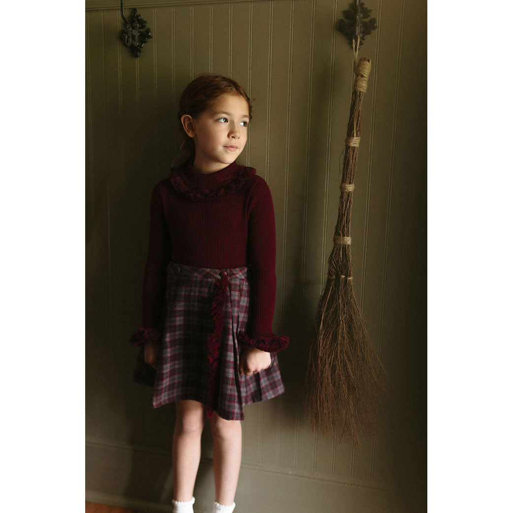 1984 Wine Plaid Wool Fringe Skirt