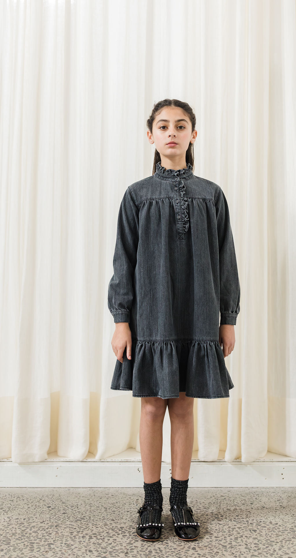 Petite Pink Light Chambray  Ruffle Neck Dress
