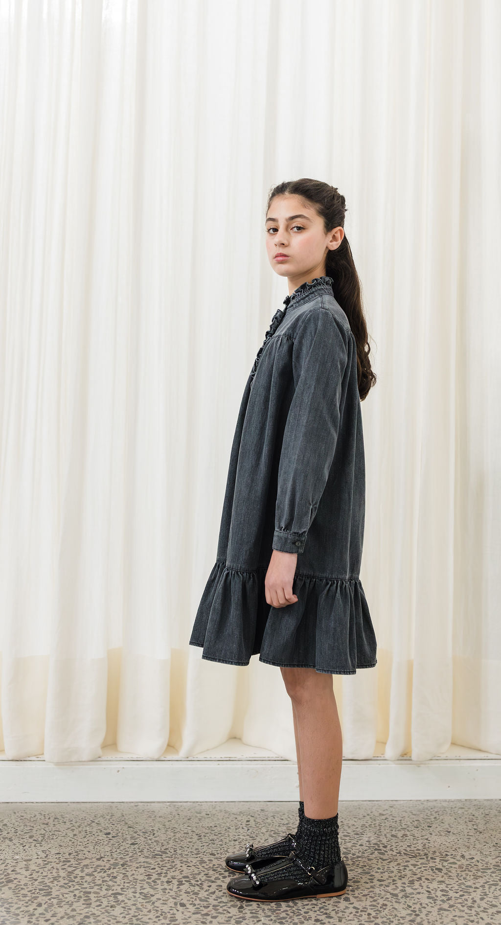 Petite Pink Light Chambray  Ruffle Neck Dress