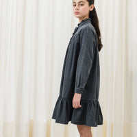Petite Pink Light Chambray  Ruffle Neck Dress
