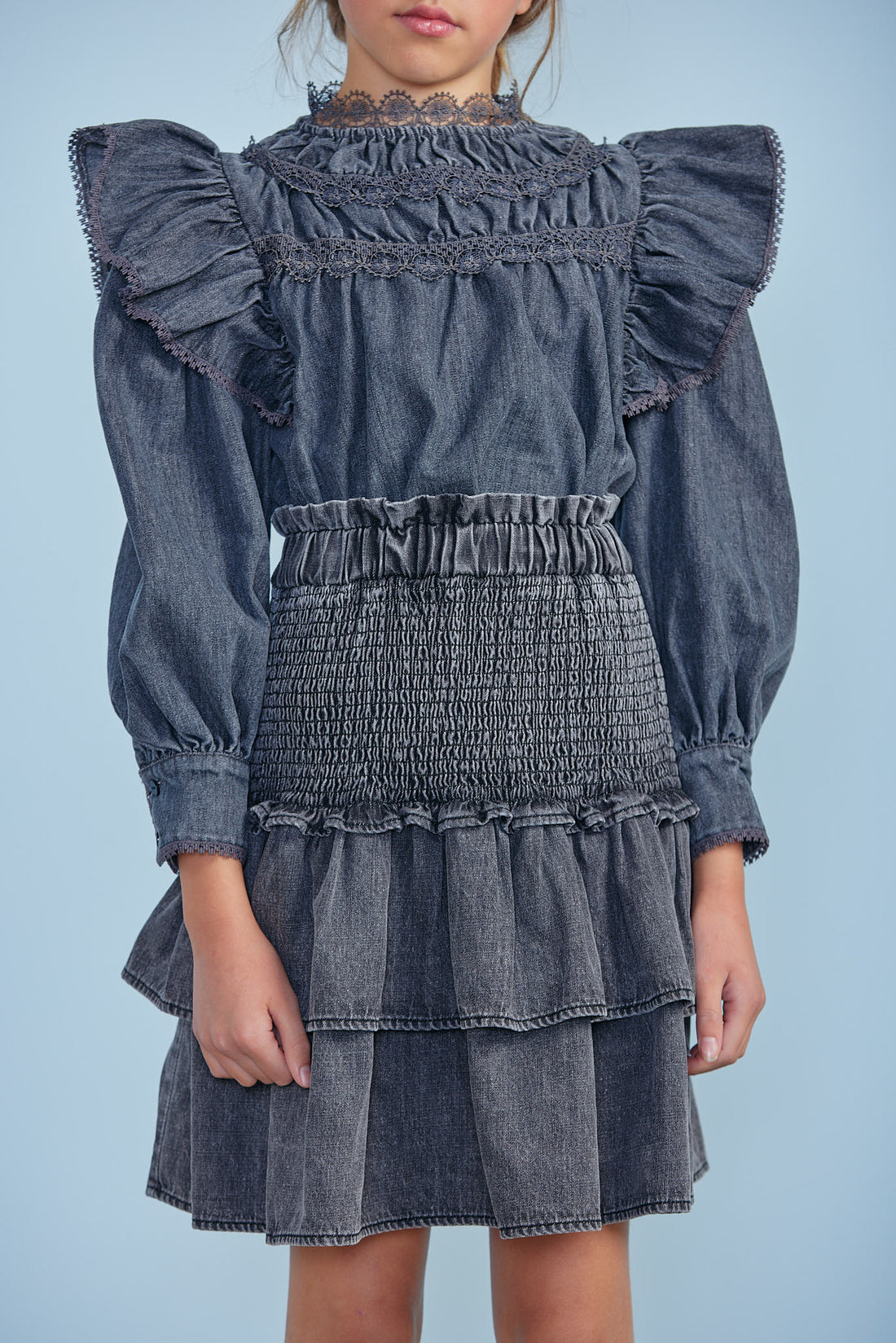 Petite Pink Black Chambray Shirred Tiered Skirt