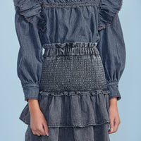 Petite Pink Black Chambray Shirred Tiered Skirt
