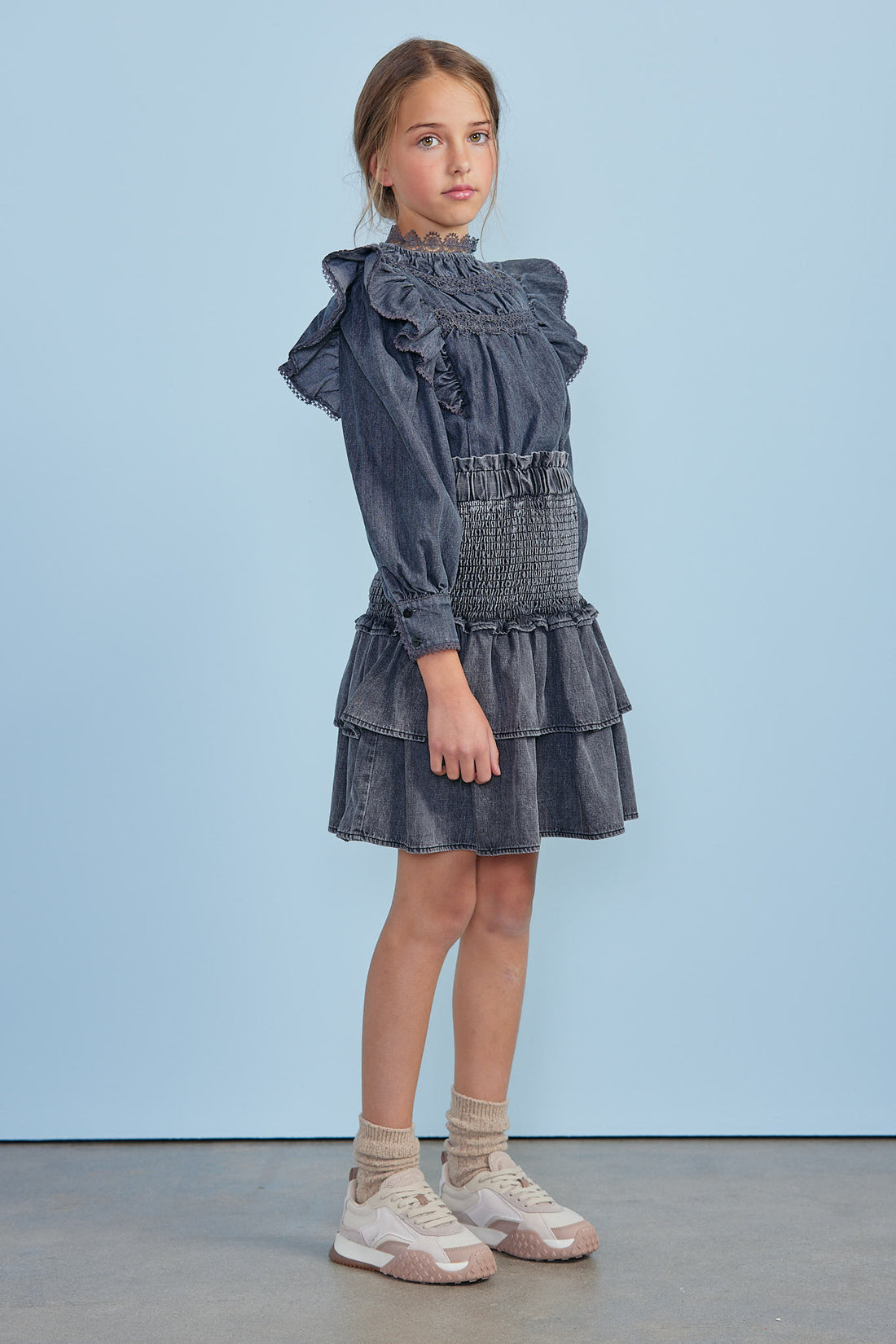 Petite Pink Black Chambray Shirred Tiered Skirt