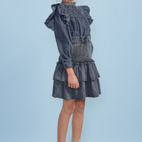 Petite Pink Black Chambray Shirred Tiered Skirt