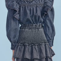 Petite Pink Black Chambray Shirred Tiered Skirt