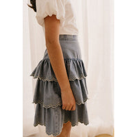 Petite Pink Light Wash Chambray Embroidered Layer Skirt