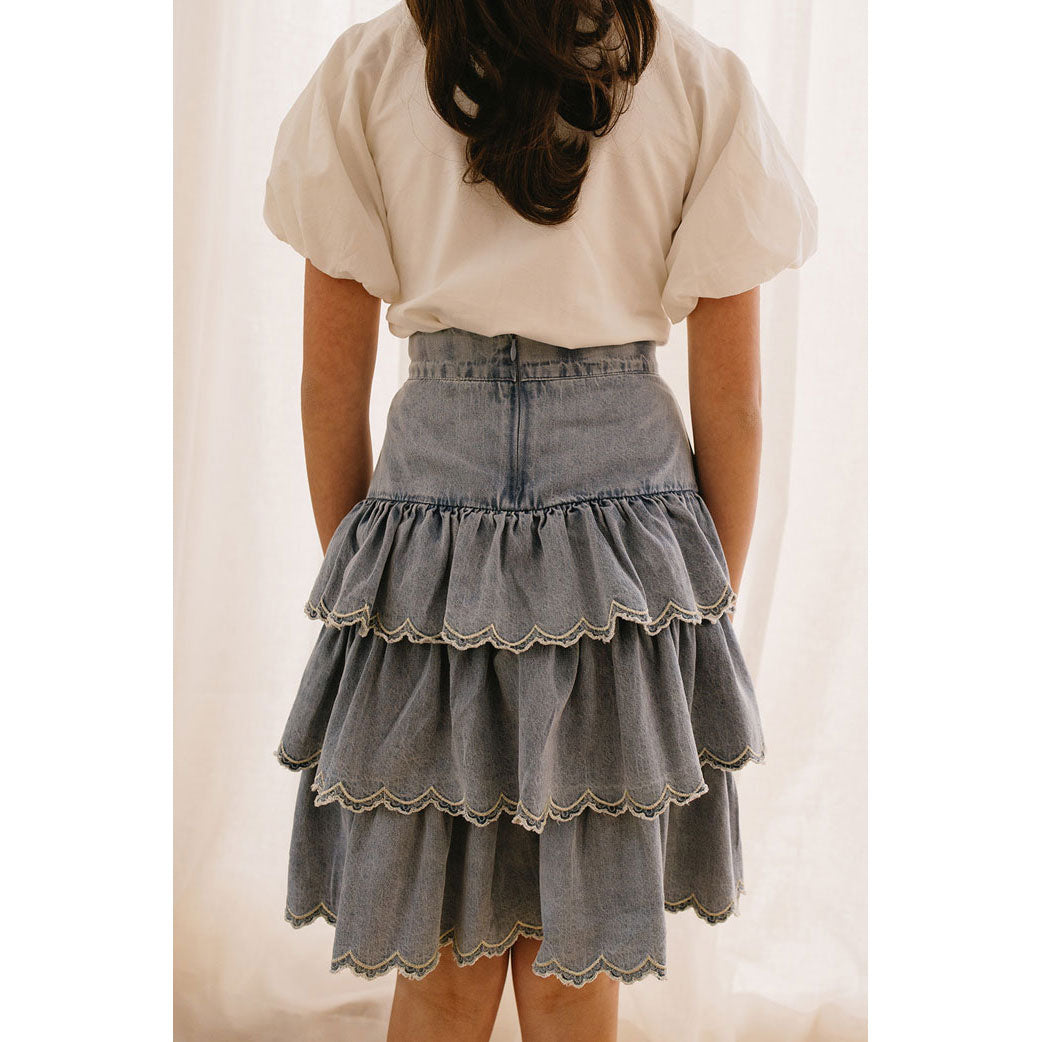 Petite Pink Light Wash Chambray Embroidered Layer Skirt