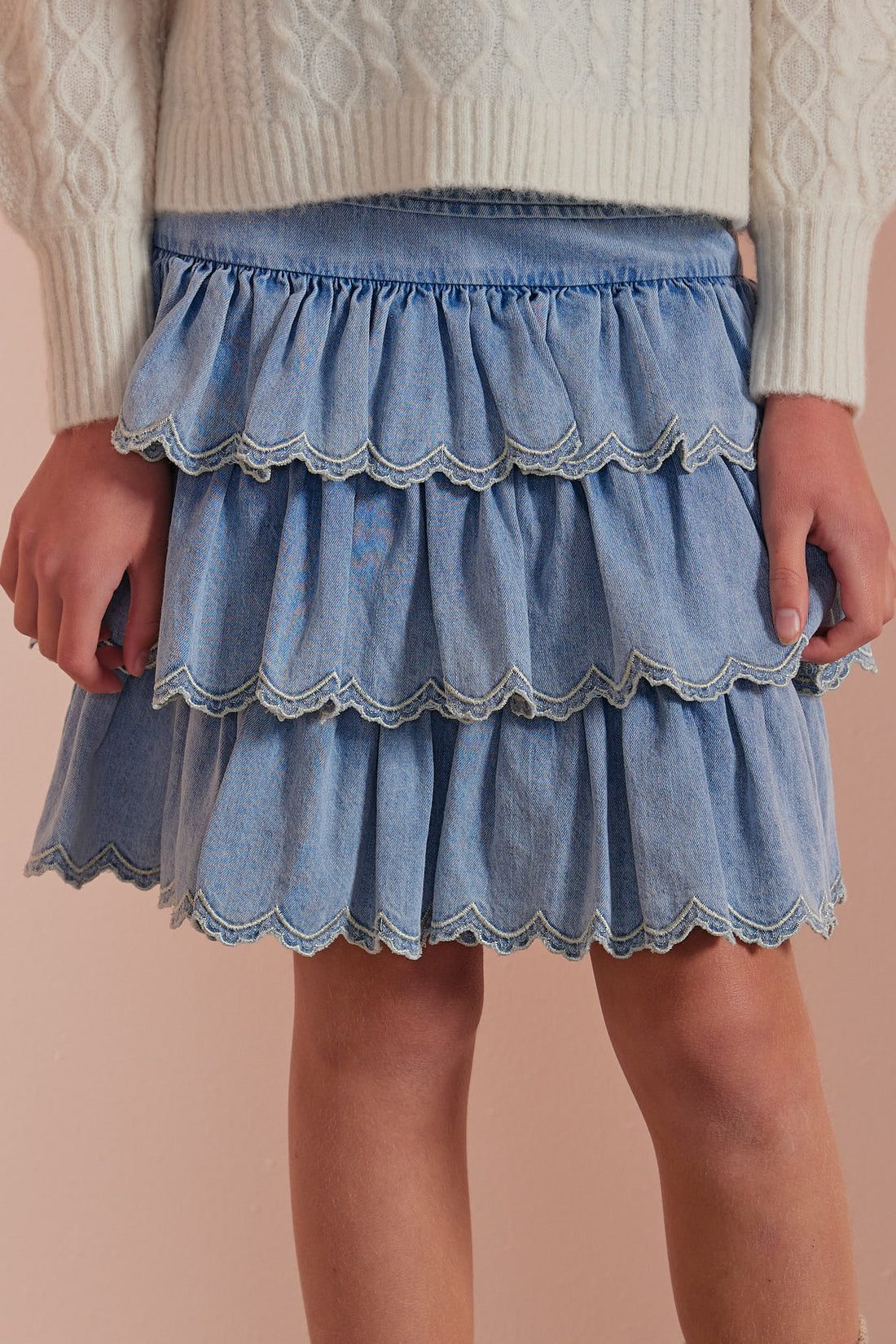 Petite Pink Light Chambray Embroidered Edge Tiered Skirt