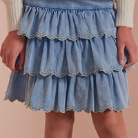 Petite Pink Light Chambray Embroidered Edge Tiered Skirt