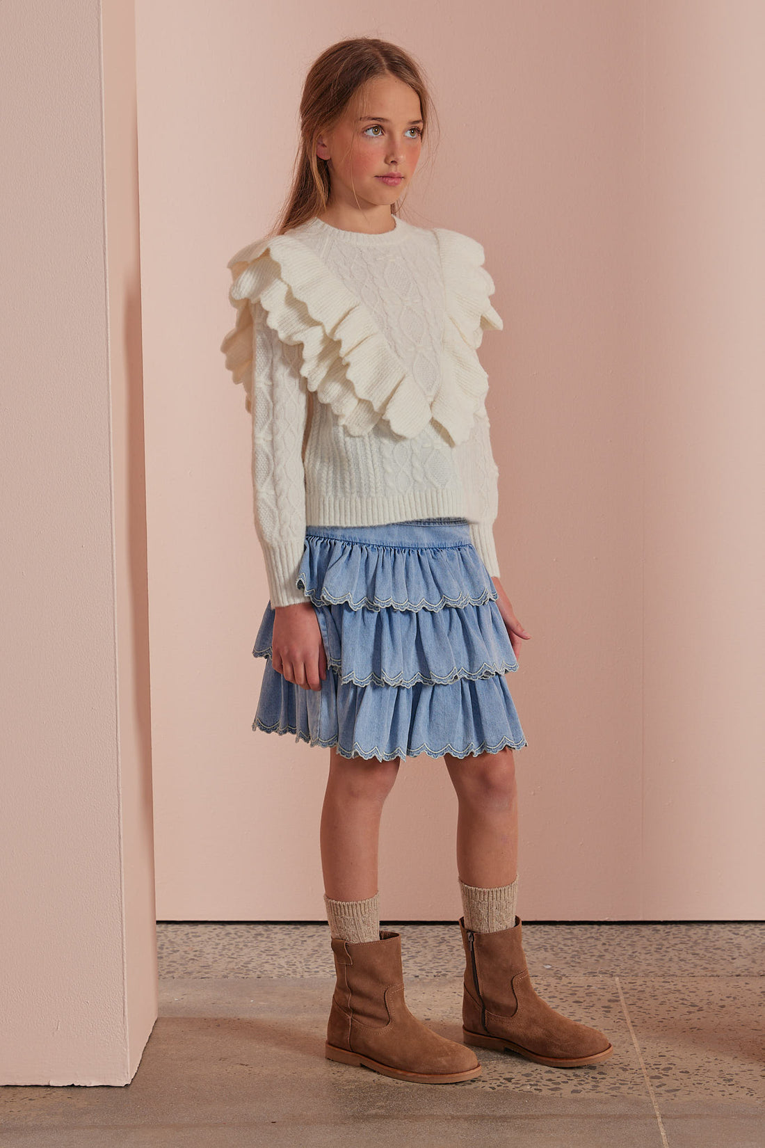 Petite Pink Light Chambray Embroidered Edge Tiered Skirt