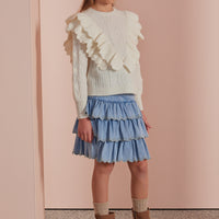 Petite Pink Light Chambray Embroidered Edge Tiered Skirt
