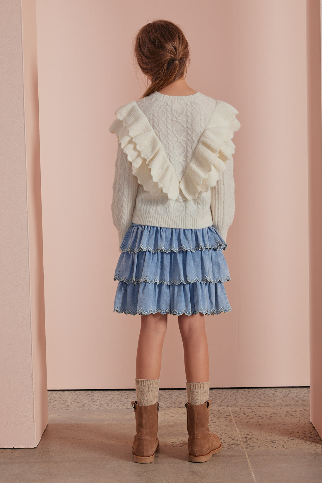 Petite Pink Light Chambray Embroidered Edge Tiered Skirt