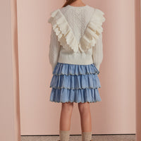 Petite Pink Light Chambray Embroidered Edge Tiered Skirt