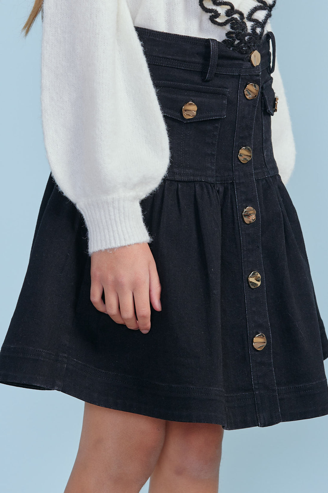 Petite Pink Faded Black Wash Denim Fit & Flare Skirt