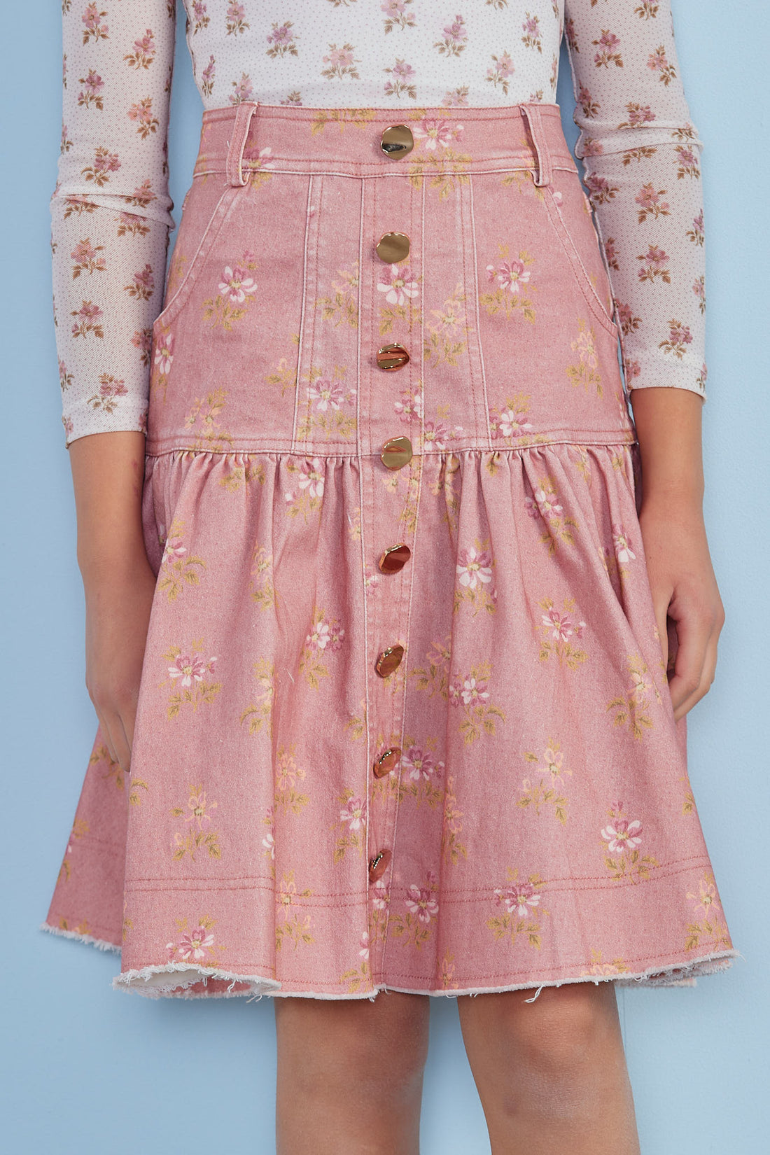 Petite Pink  Misty Rose Bud Denim A -Line Skirt