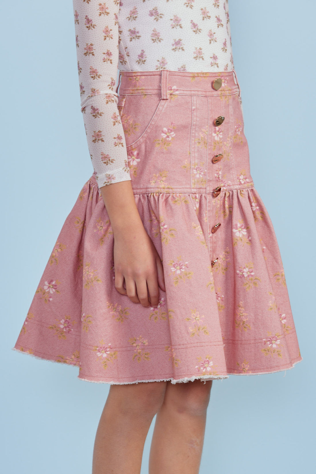 Petite Pink  Misty Rose Bud Denim A -Line Skirt