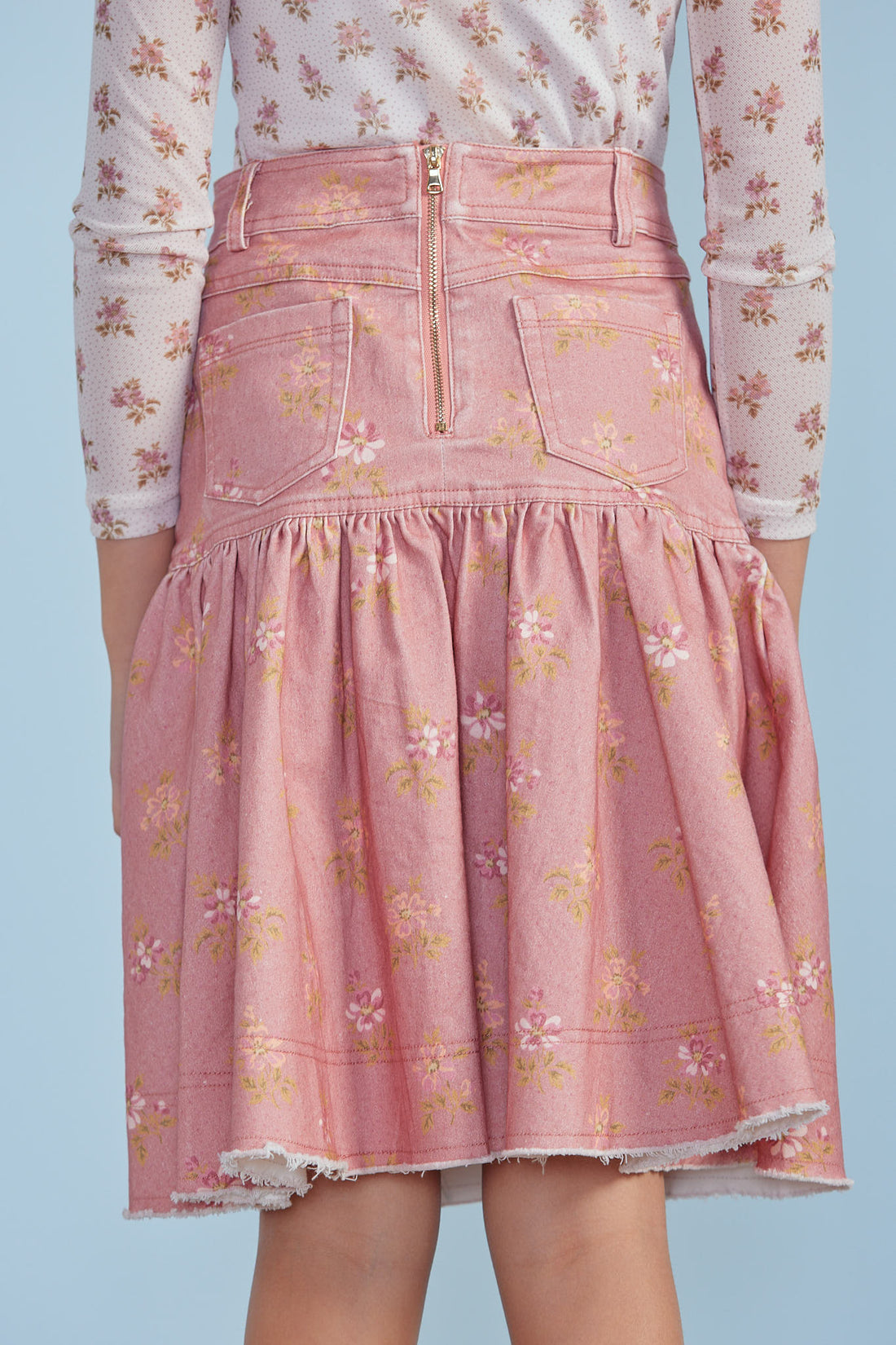 Petite Pink  Misty Rose Bud Denim A -Line Skirt