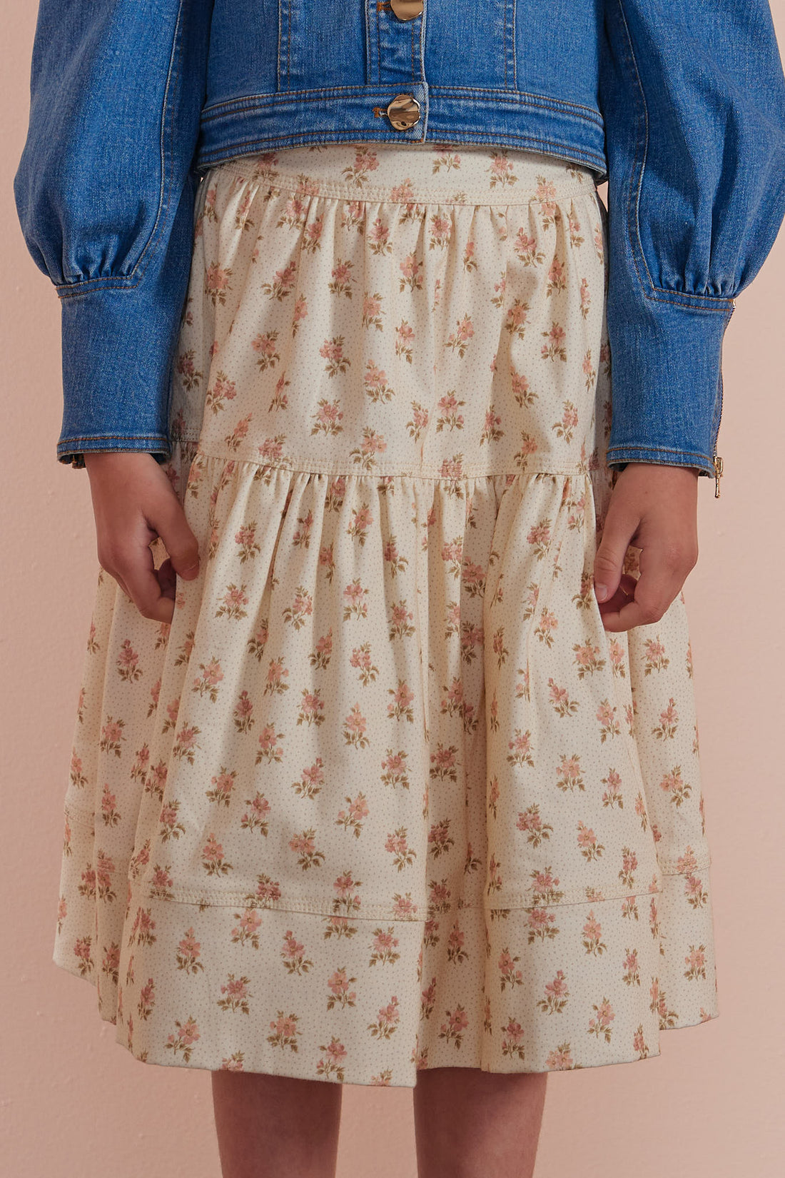 Petite Pink Cream Flower Bud Denim  A-Line Midi Skirt