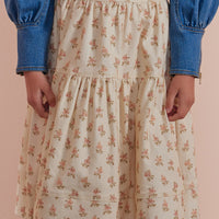 Petite Pink Cream Flower Bud Denim  A-Line Midi Skirt