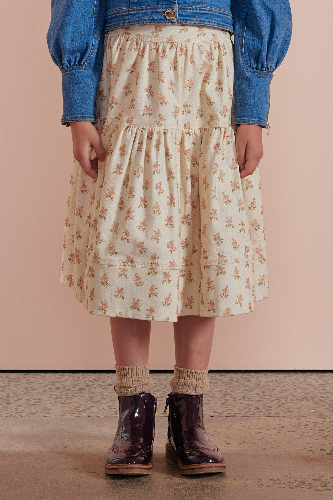 Petite Pink Cream Flower Bud Denim  A-Line Midi Skirt