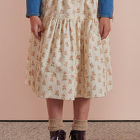 Petite Pink Cream Flower Bud Denim  A-Line Midi Skirt