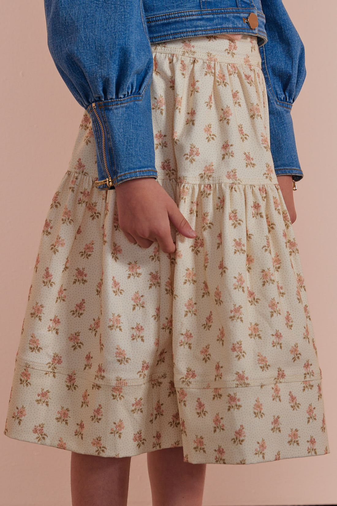 Petite Pink Cream Flower Bud Denim  A-Line Midi Skirt