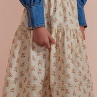 Petite Pink Cream Flower Bud Denim  A-Line Midi Skirt