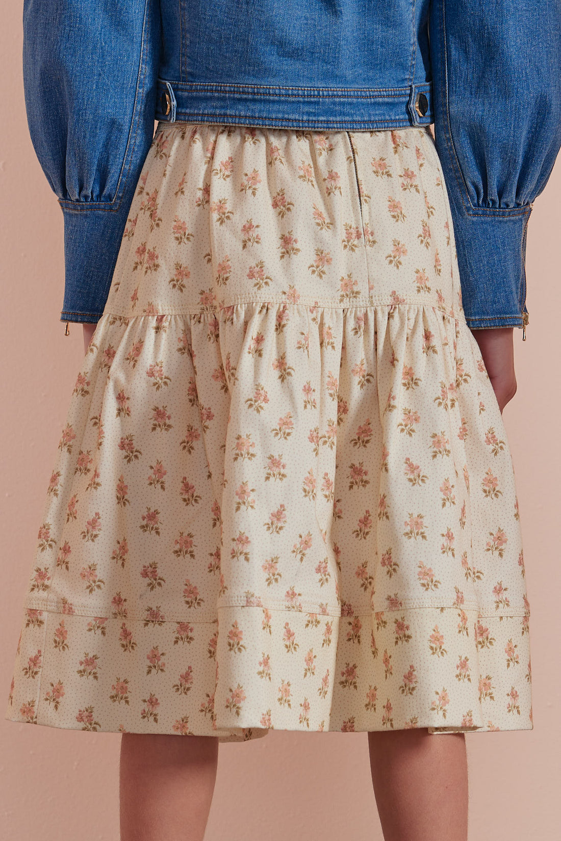 Petite Pink Cream Flower Bud Denim  A-Line Midi Skirt