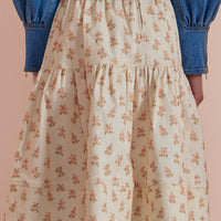 Petite Pink Cream Flower Bud Denim  A-Line Midi Skirt