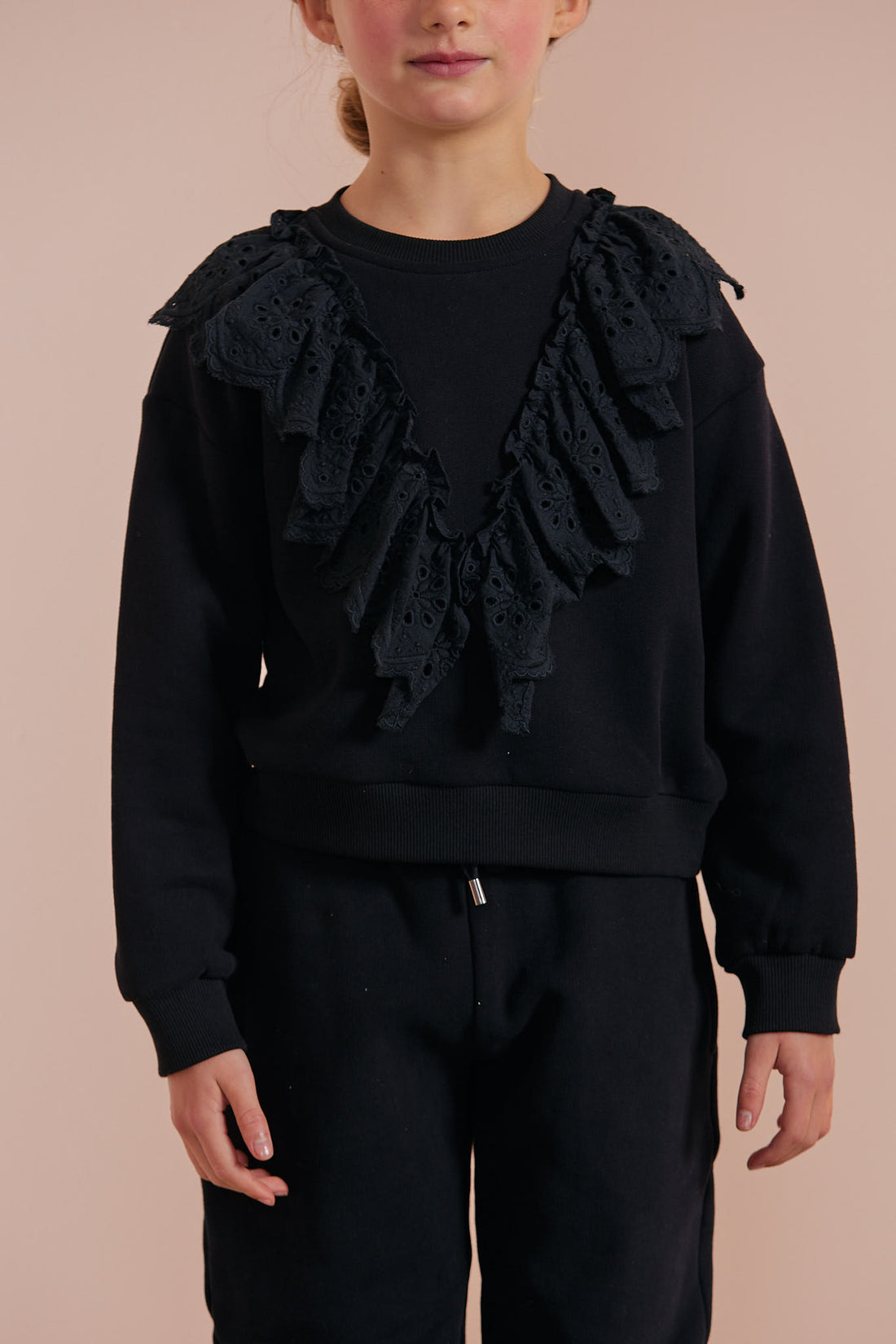 Petite Pink Black Lace Ruffle Sweat Top