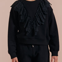 Petite Pink Black Lace Ruffle Sweat Top