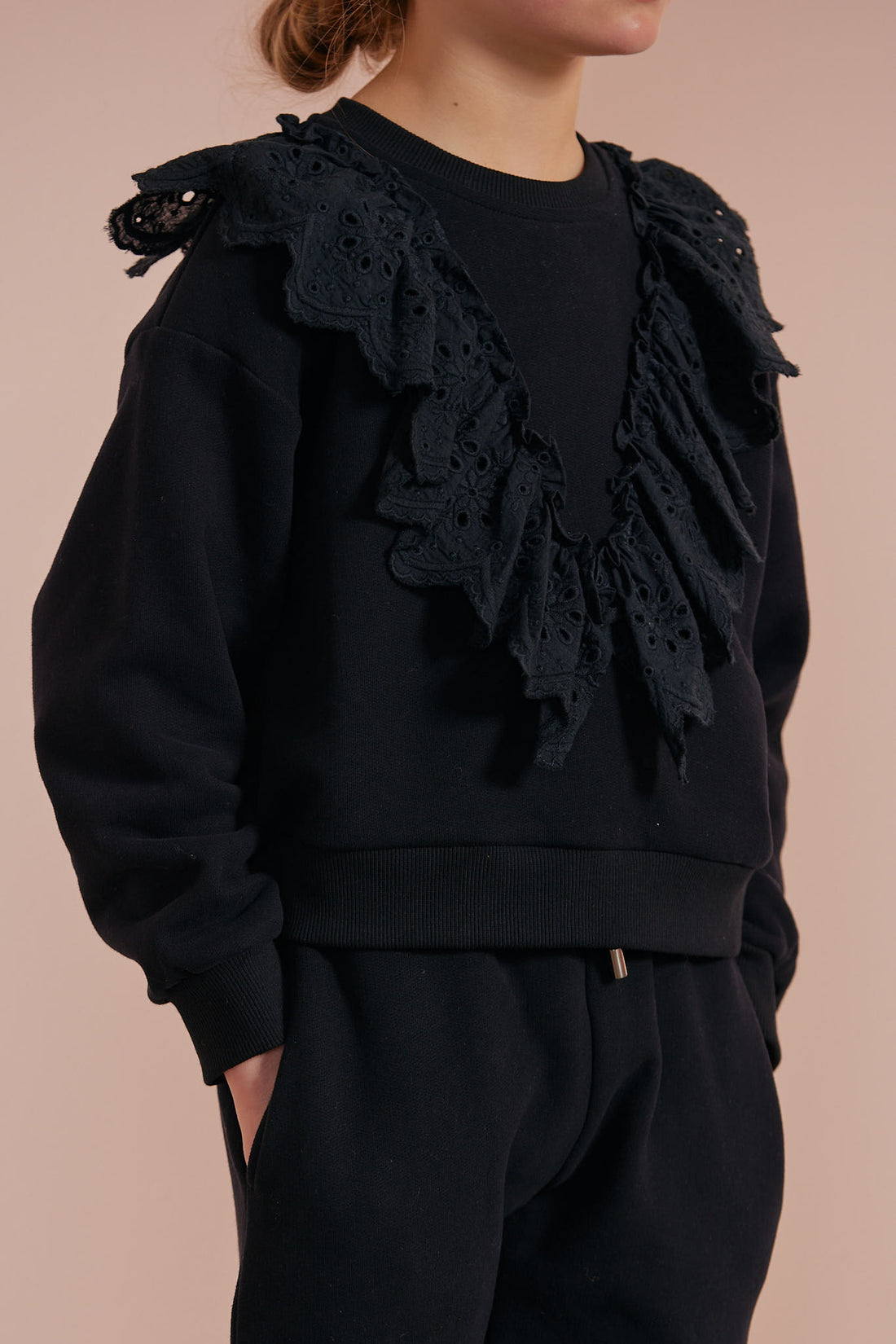 Petite Pink Black Lace Ruffle Sweat Top