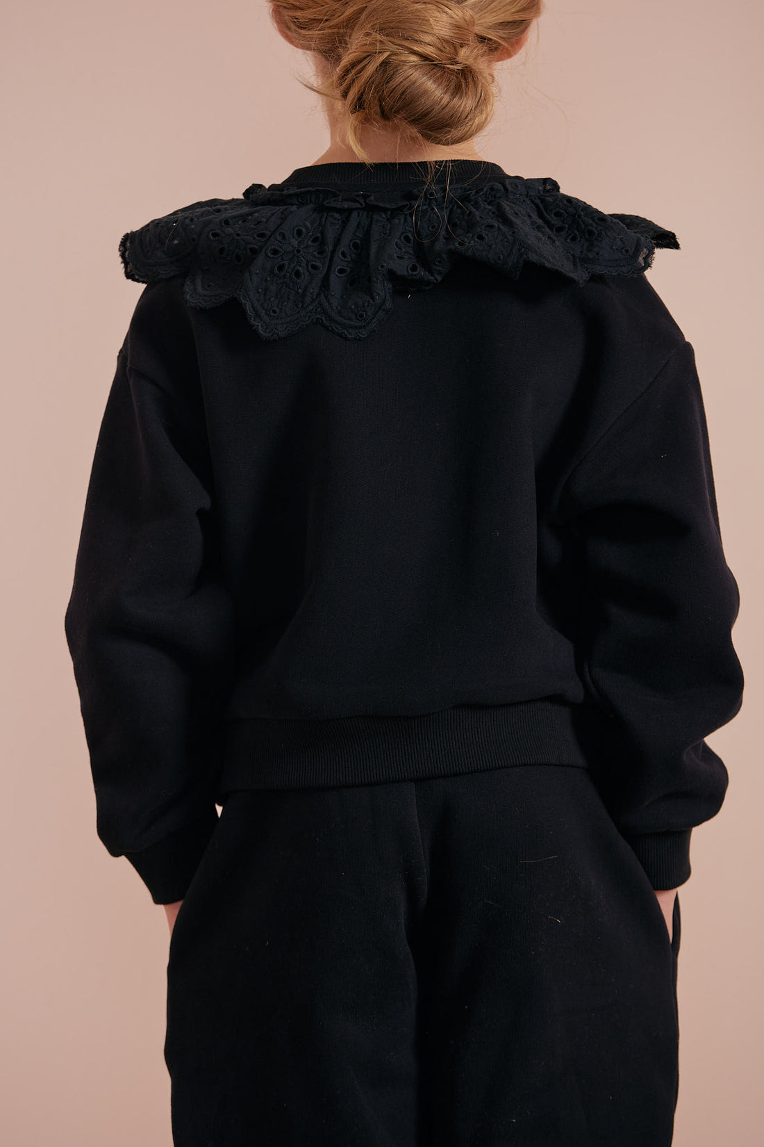 Petite Pink Black Lace Ruffle Sweat Top