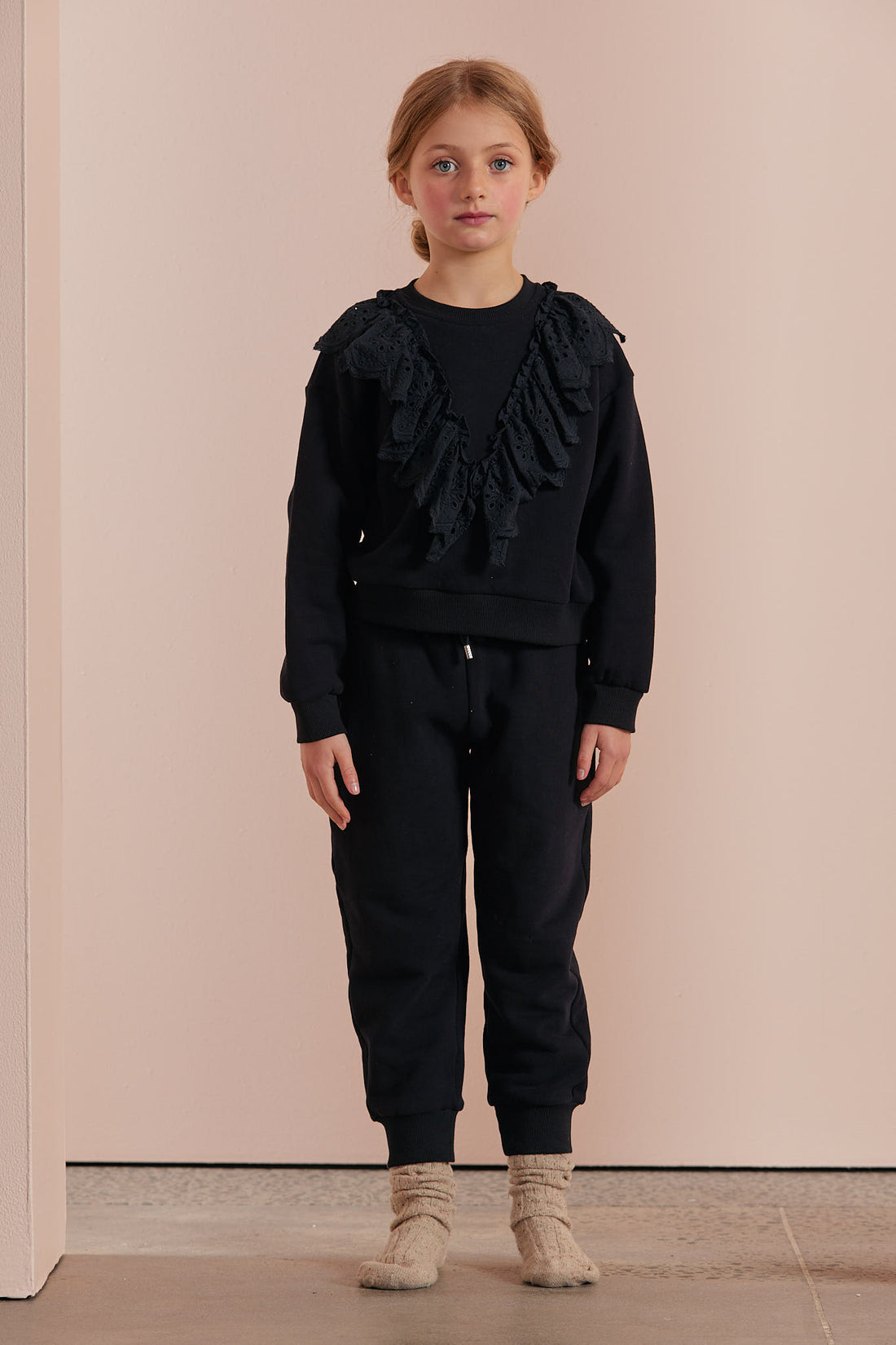 Petite Pink Black Lace Ruffle Sweat Top