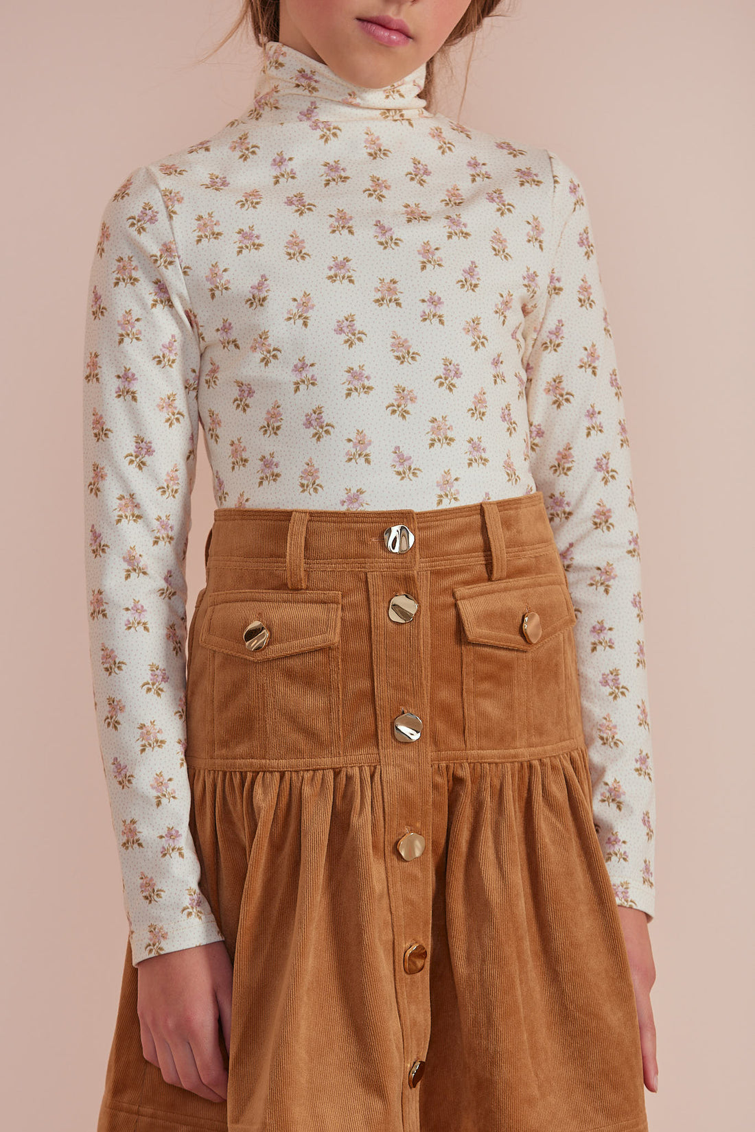 Petite Pink Cream Flower Bud Jersey Turtleneck