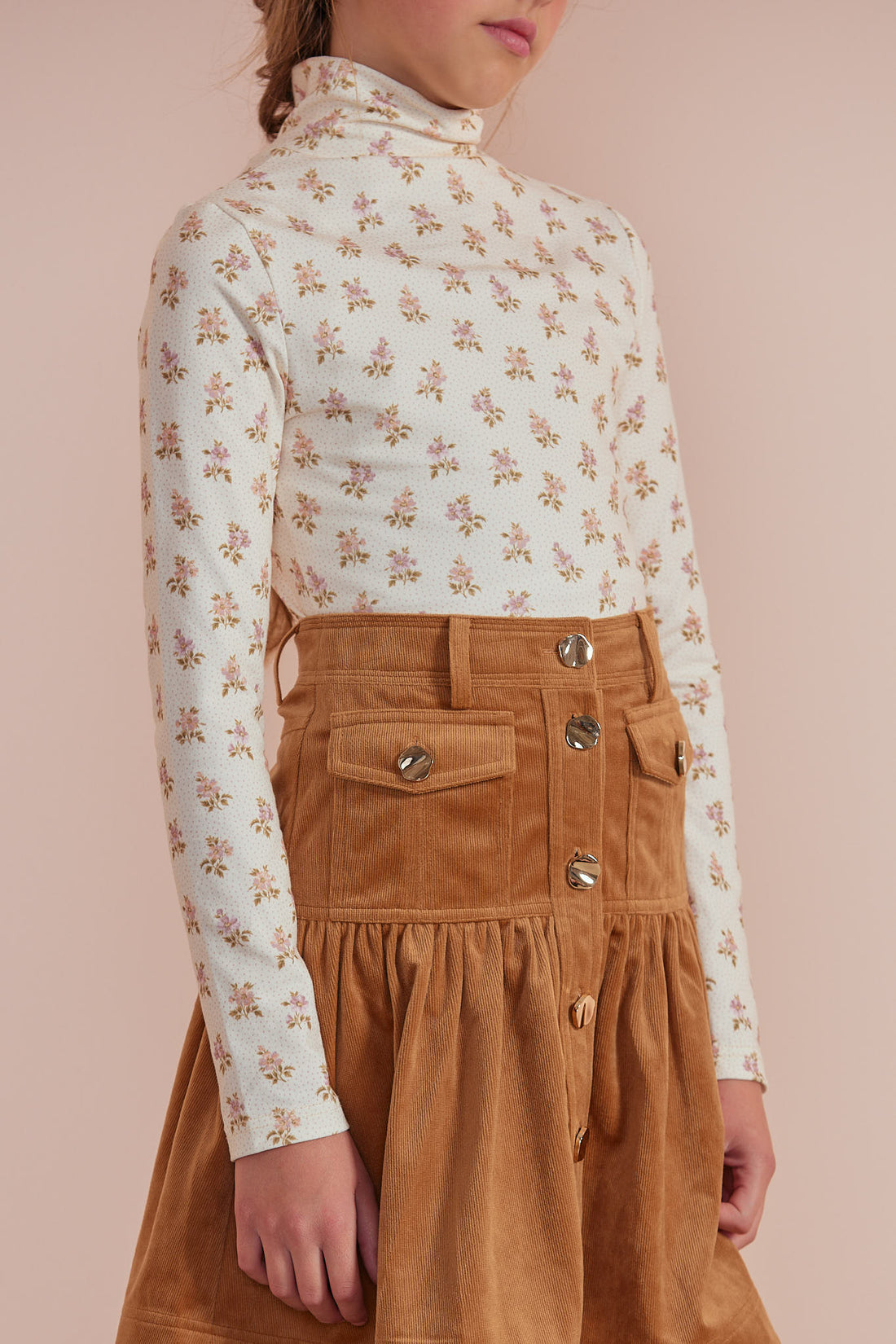 Petite Pink Cream Flower Bud Jersey Turtleneck