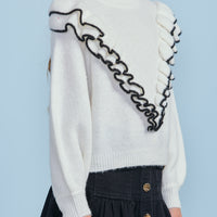 Petite Pink Cream/Black Tipped Ruffle Cosy Sweater
