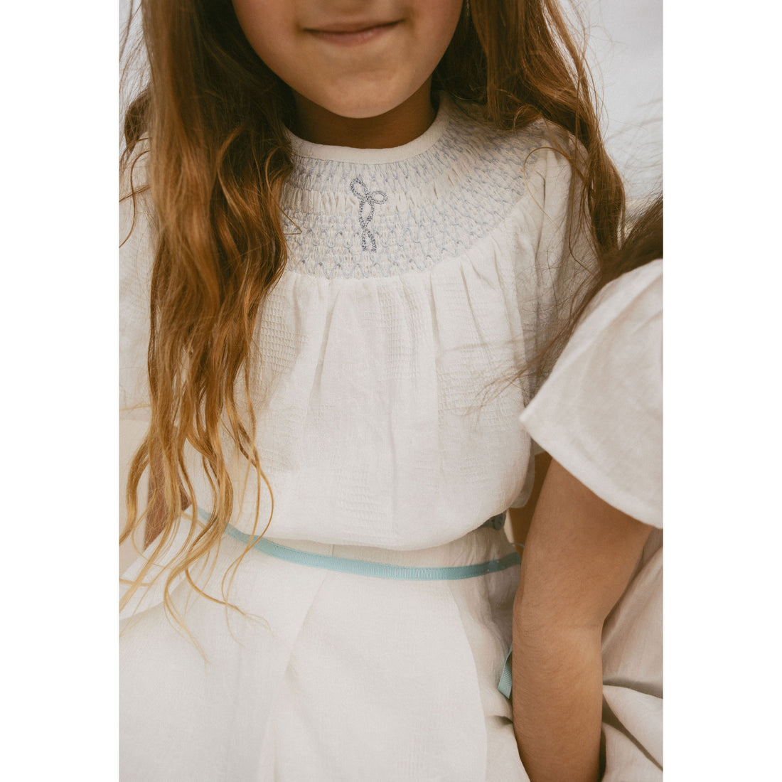 1984 White Embroidered Smocked  3/4 Sleeve Blouse