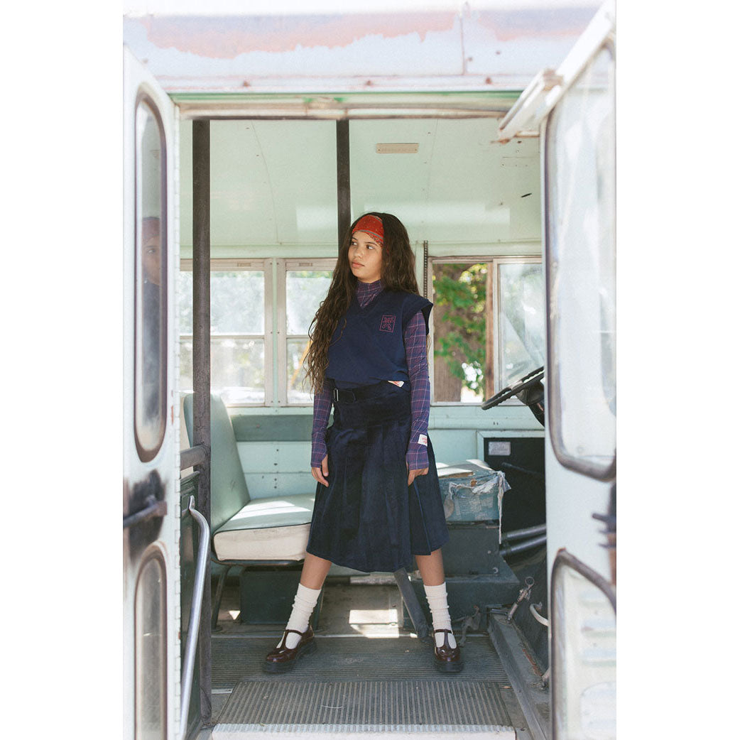 Clubhouse Navy Denim Corduroy Belt Detail Pleated Skirt