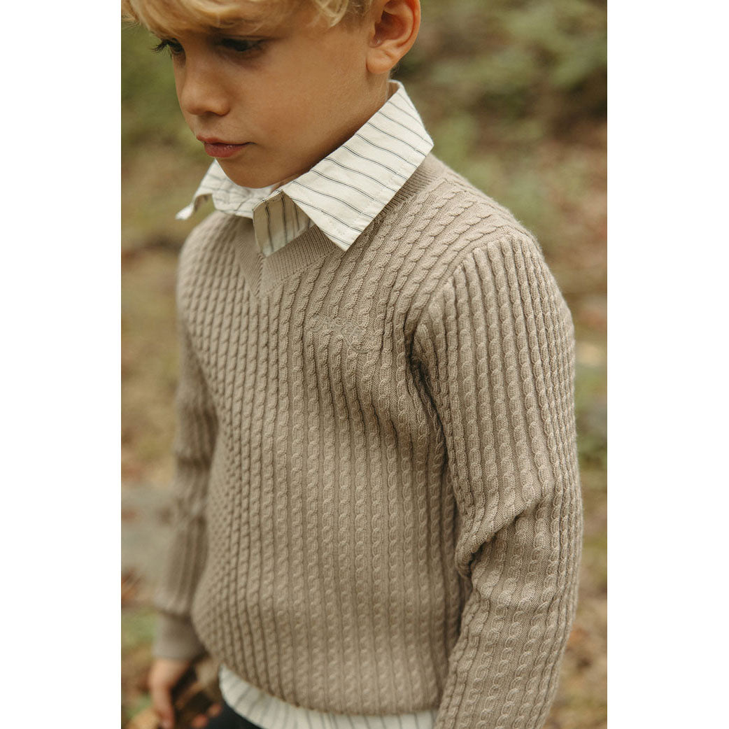 Arza Taupe Cable V Neck Sweater