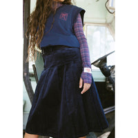 Clubhouse Navy Denim Corduroy Belt Detail Pleated Skirt